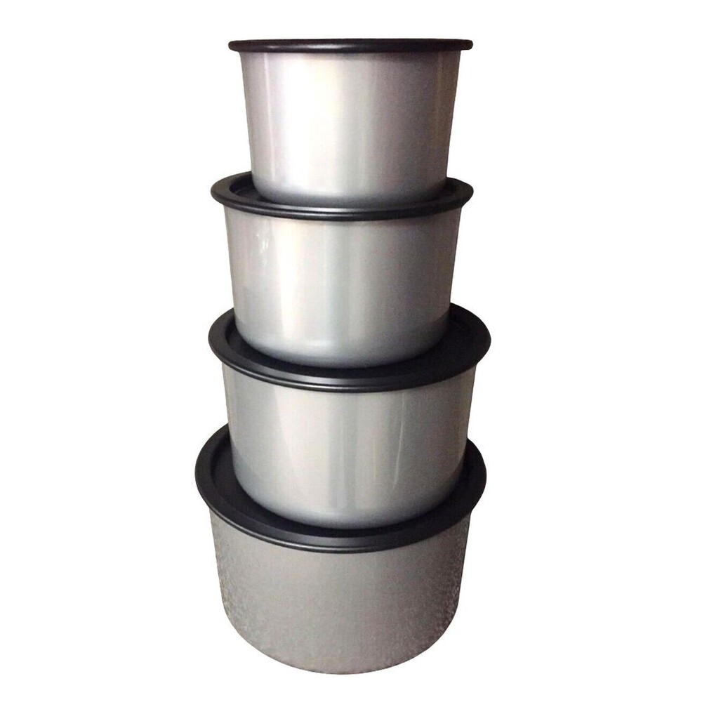 4 Tupperware ONE TOUCH CANISTER SET SILVER  BLACK # 2707 2708 2709 2710 NEW